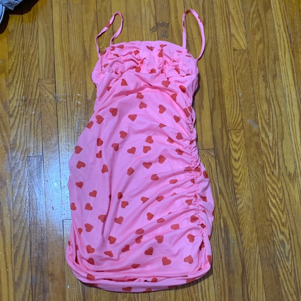 Pink Heart Print Ruched Slip Dress